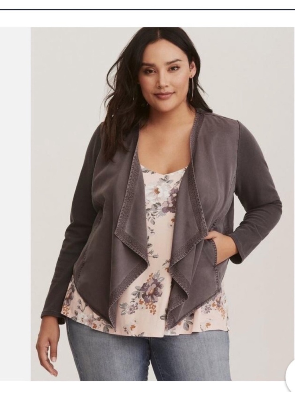 Torrid Gray Twill Draped Jacket Open Front Waterfall Career Blazer 0X NWT - Picture 2 of 6